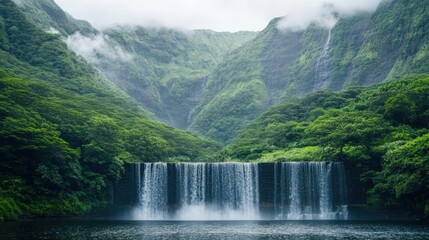 Fototapeta premium Majestic waterfall cascading down lush green cliffs surrounded by misty mountains in tranquil nature setting