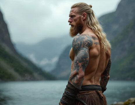 Muscular viking with long blonde hair, tattooed upper body stands outdoor. Shirtless man demonstrates strength, power. Serious gaze, fantasy scene. Scandinavian warrior with beard near lake, mountain
