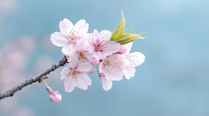 Obraz premium Blossoming cherry branch against soft blue sky. Possible use Springtime beauty, nature background, desktop wallpaper