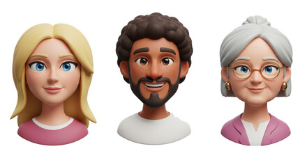 3D illustration of smiling people close up portraits set. Cute cartoon business men and women avatars, multi ethnic male and female characters faces, isolated on white