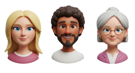 3D illustration of smiling people close up portraits set. Cute cartoon business men and women avatars, multi ethnic male and female characters faces, isolated on white