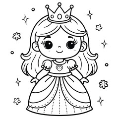 Cute Coloring Page of a Princess in a Crowned Dress