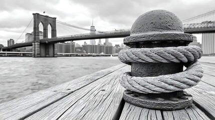 Obraz premium Brooklyn Bridge view, pier bollard, NYC skyline