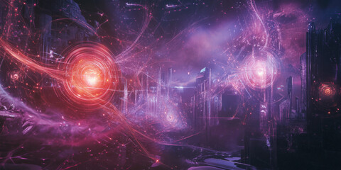 Obraz premium A futuristic visualization of a high-speed AI-powered data network, featuring glowing cybernetic connections, pulsating holographic machine learning pathways, and swirling quantum intelligence nodes.