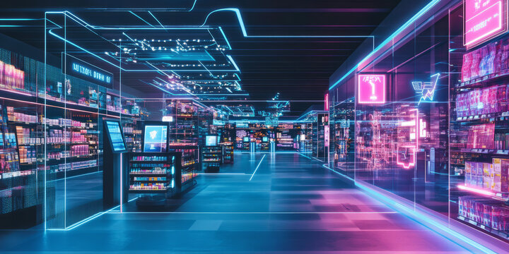 A mesmerizing futuristic AI-powered smart retail system, featuring glowing cybernetic automated checkout pathways, pulsating holographic personalized shopping grids, and swirling digital consumer