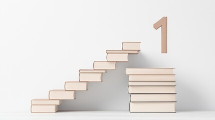 Obraz premium Stacked Books Forming Steps with Number One Symbolizing Success