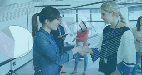 Image of financial data processing over diverse business people in office