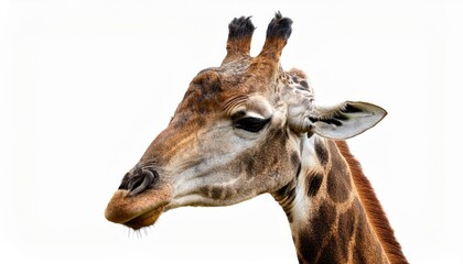 Naklejka premium Majestic Giraffe Stands Proud Against a Crisp White Backdrop, Demonstrating Grace and Power in Black and White Portrait.