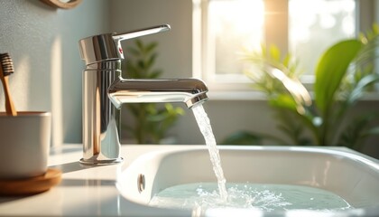 Modern faucet with flowing water, wooden toothbrush on counter in bright bathroom. Natural colors, clean texture, green plant. Eco living, macro, photorealistic, detailed hygiene. Stylish,