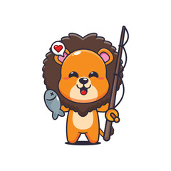 Fototapeta premium Lion cartoon vector illustration catching fish with fishing rod