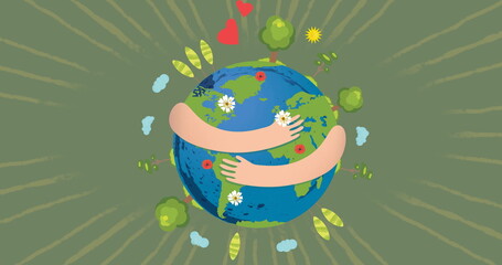 Arms hugging Earth image with hearts, trees, and flowers