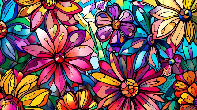 A colorful abstract floral pattern inspired by stained glass.