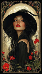 Illustration of witch in black hat in art deco style. AI generative