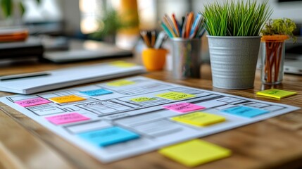 Desk with sticky notes, plan, pens, and plant.