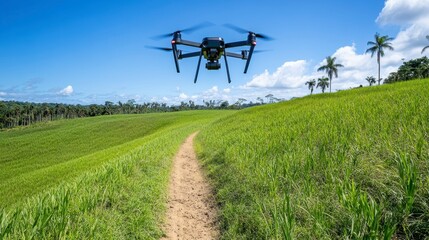 Drone Flying Over Lush Green Rice Field with Blue Sky Background