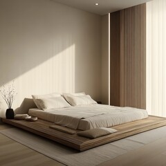 A minimalist styled bedroom with a low platform bed