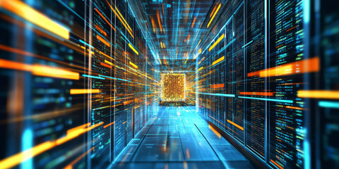 A glowing futuristic quantum data cluster, surrounded by swirling AI-powered cybernetic waves, holographic machine learning pathways, and pulsating blockchain security nodes. The high-tech abstract