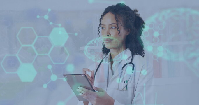 Image of data processing and chemical formula over biracial female scientist