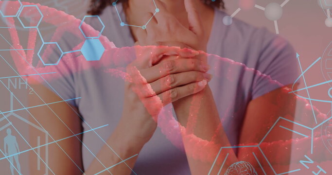 Image of dna strand and chemical formula over biracial woman with hand ache
