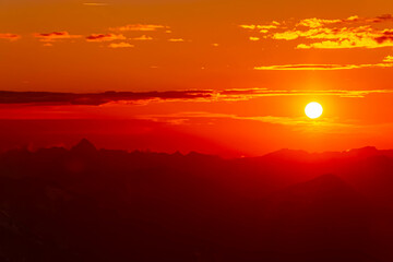 Alpine sunset or sundowner at Mount Zugspitze, Top of Germany, Garmisch-Partenkirchen, Werdenfelser Land, Bavaria, Germany