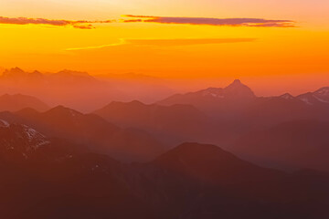 Alpine sunset or sundowner at Mount Zugspitze, Top of Germany, Garmisch-Partenkirchen, Werdenfelser Land, Bavaria, Germany