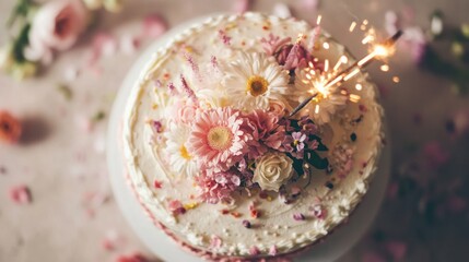 Fototapeta premium A beautiful birthday cake adorned with pastel flowers and sparklers for a special celebration