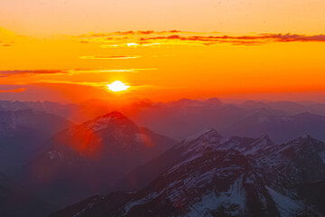 Alpine sunset or sundowner at Mount Zugspitze, Top of Germany, Garmisch-Partenkirchen, Werdenfelser Land, Bavaria, Germany