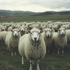 Fototapeta premium Herd of White Sheep Grazing on Green Field