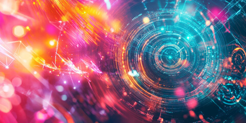A hyper-futuristic abstract background with shifting holographic layers, floating energy symbols, and glowing digital glyphs. The composition features vibrant neon hues and soft depth-of-field effects