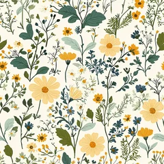 Floral seamless pattern in vintage rustic style, colored garden illustration