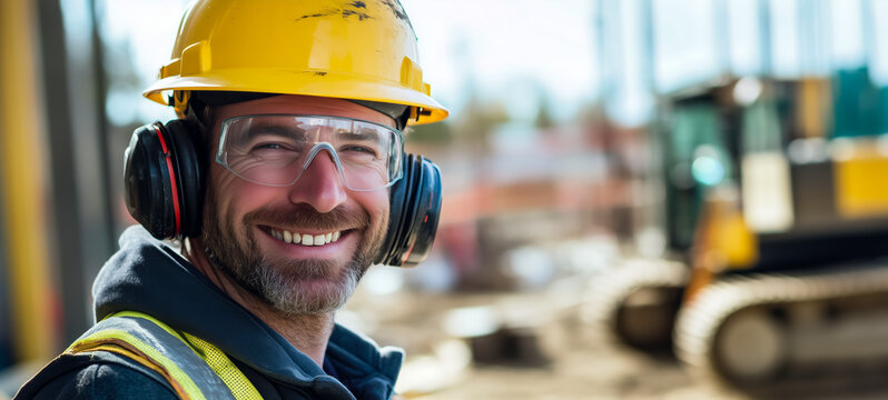 Smiling construction worker wearing safety gear at job site