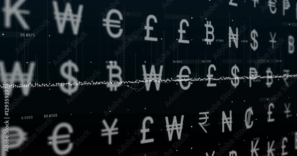 Poster image of data processing and diagrams over currency symbols