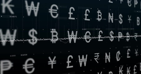 Image of data processing and diagrams over currency symbols
