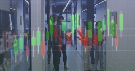 Image of financial data processing over diverse business people in office