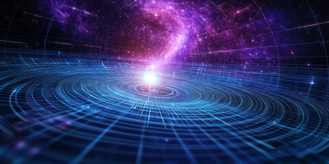 Obraz premium A futuristic AI-powered interstellar navigation system, featuring glowing cybernetic deep-space route mapping pathways, pulsating holographic gravitational field analysis grids, and swirling