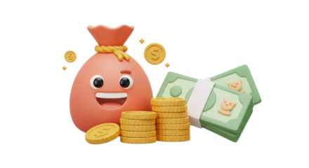3D Money concept. money bag, coins stack and banknotes. 3d render illustration