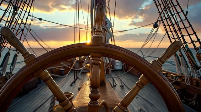 Watch as the sun sets behind a tall ship, illuminating the wooden helm and the vast ocean, creating a serene sailing atmosphere