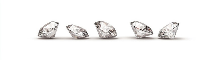 Sparkling Clear Diamonds Arranged in a Straight Line on White Background