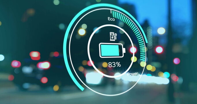 Image of electric car battery charging and digital data processing overcity lights