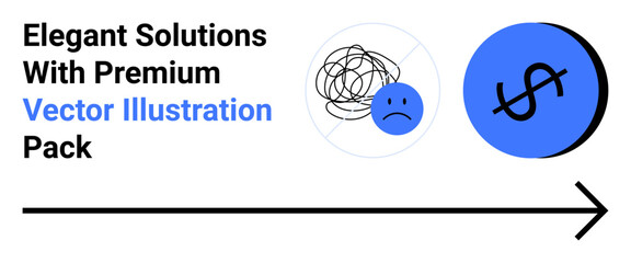 Sad face and tangled lines transitioning into a money symbol via a sleek arrow. Ideal for solutions, strategies, growth, creativity, success, financial progress, flat landing page banner