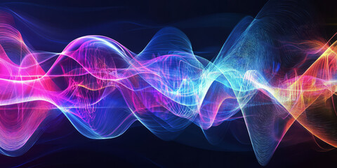 Obraz premium A visually stunning abstract background with luminous, flowing waves of neon seamlessly weaving through a futuristic cybernetic vortex. The high-tech radiance and dynamic reflections enhance the