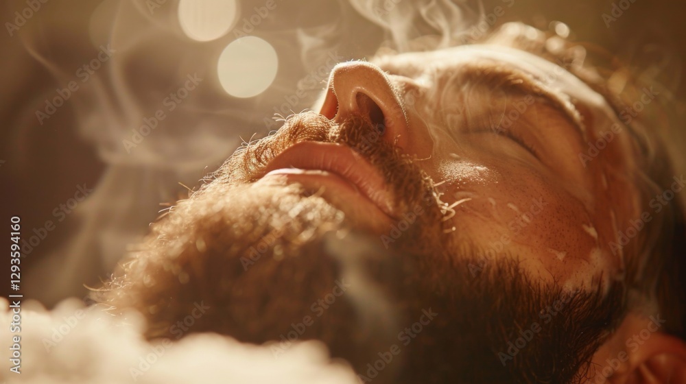 Poster a man enjoys a soothing spa treatment, lying back as steam envelops him, creating an atmosphere of p