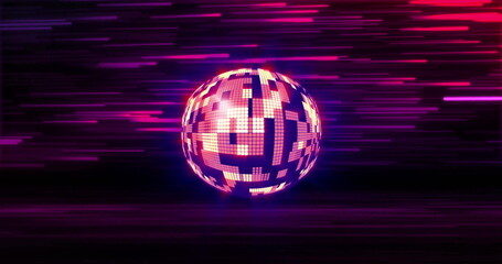 Image of mirror ball spinning and glowing light trails moving over black background