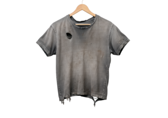 Worn gray men's t-shirt with holes, fabric texture displayed on hanging wooden hanger