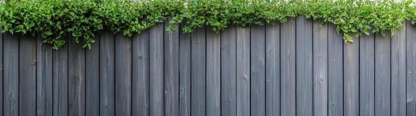 Gray Wooden Fence with Lush Greenery on Top Creating Natural Barrier