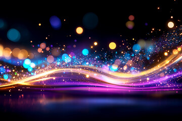 Obraz premium Glowing photons scattering in dark space, forming intricate light trails with vibrant blue, green, and purple hues, creating an abstract cosmic and futuristic scene