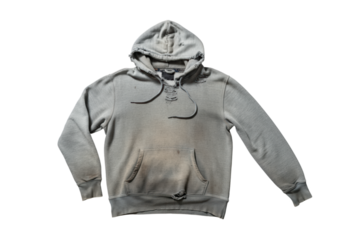 Old gray men's hoodie with dirt and torn features isolated on white background