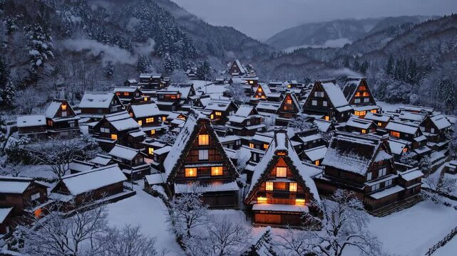 Aerial View of Shirakawa-go in Winter: A Traditional Japanese Snow-Covered Village