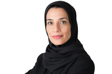 middle-aged Arab female banking executive in hijab isolated on transparent white background