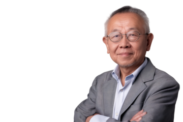 Experienced elderly East Asian male import/export broker isolated on transparent white background